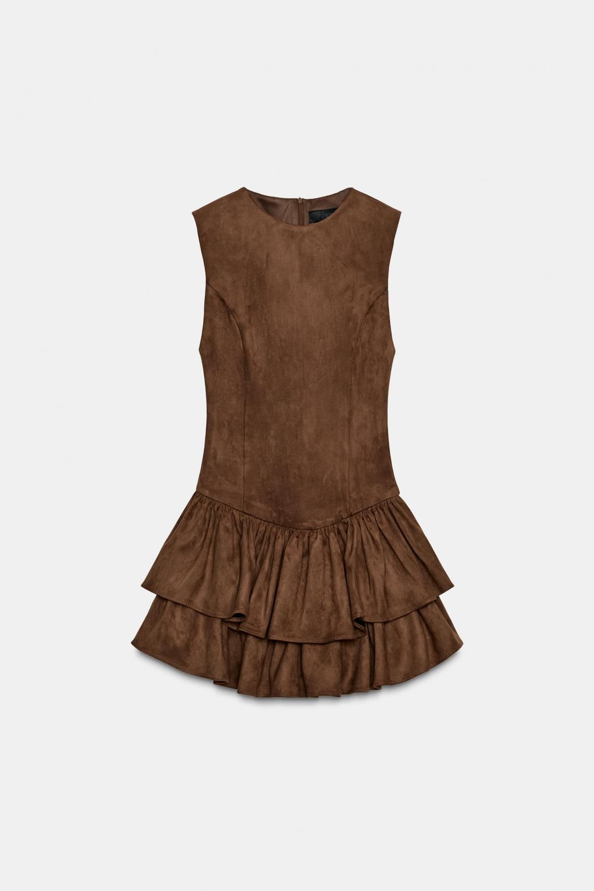 자라 페이크 스웨이드 러플 미니 원피스 4764/279 DARK BROWN - 상품 이미지
