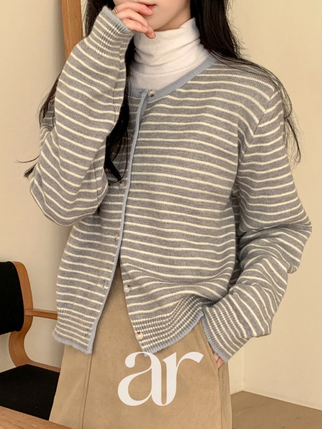 배색 스트라이프 라운드넥 니트 가디건 cd3508 - 상세 이미지 3