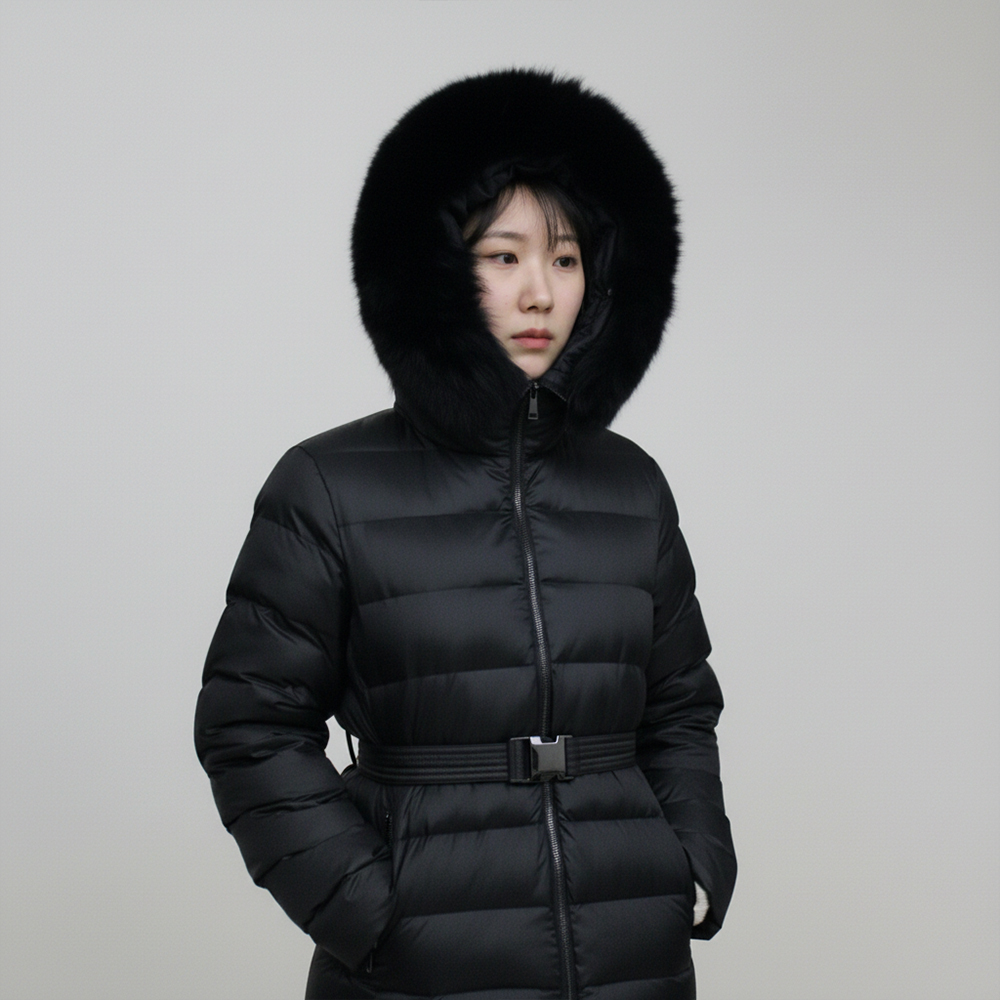 여성 겨울 여우털 오리털 덕다운 M 벨티드 패딩 - 상세 이미지 5