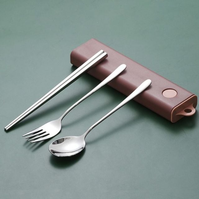 휴대용 인기 식도락 수저 포크세트(브릭레드+스텐) 감 - 상품 이미지
