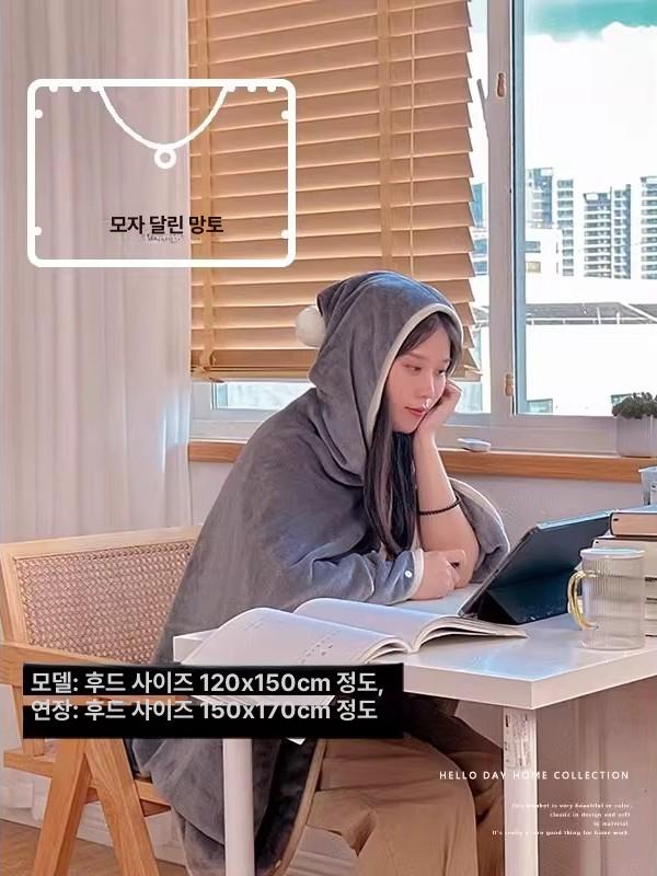 사무실 입는담요 망토 후드담요 학교 따뜻한 똑딱이 무릎담요 말차그린 모델 130-170cm - 상세 이미지 3