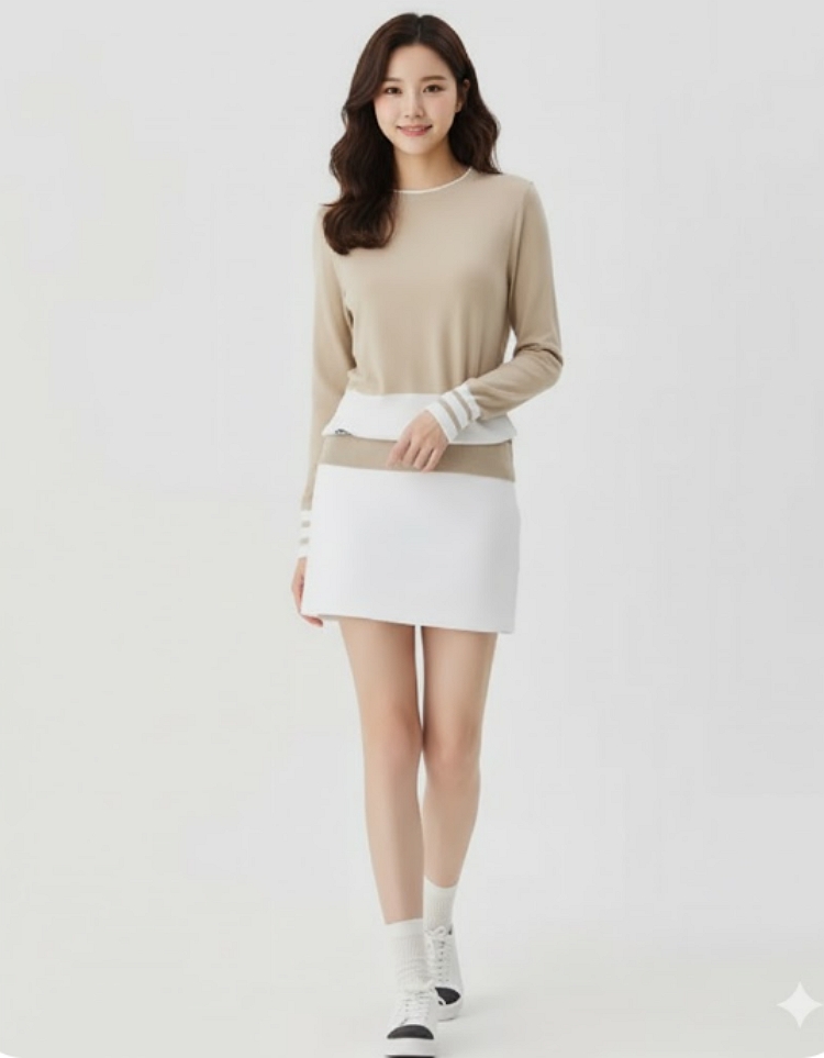 슈페리어 여성 간절기 겨울 유니크한 배색 골프웨어 라운드 니트 티셔츠