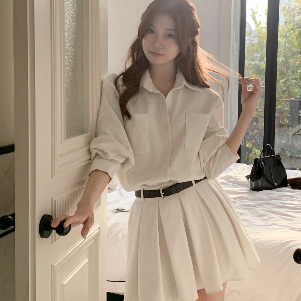벨트 세트 플리츠 기모 셔츠 원피스 op16234 제품 이미지