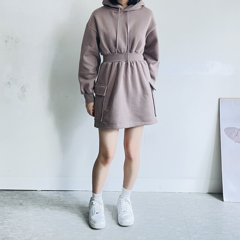 기모 후드원피스 키작녀 맨투맨 카고 미니 원피스 - 상품 이미지