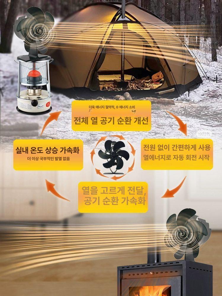 벽난로 열 무동력팬 홈 장작 난로 히터 올라운드팬 캠핑 겨울 하트 6날개 블랙 실내용 기타 온도 차이 발전 - 상세 이미지 3