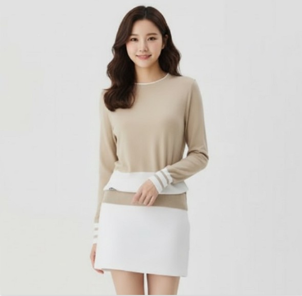 슈페리어 여성 간절기 겨울 유니크한 배색 골프웨어 라운드 니트 티셔츠