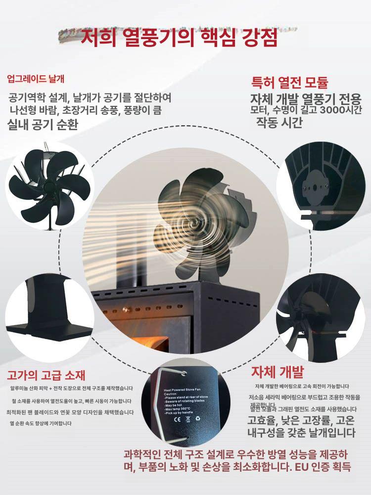 벽난로 열 무동력팬 홈 장작 난로 히터 올라운드팬 캠핑 겨울 하트 6날개 블랙 실내용 기타 온도 차이 발전 - 상세 이미지 5