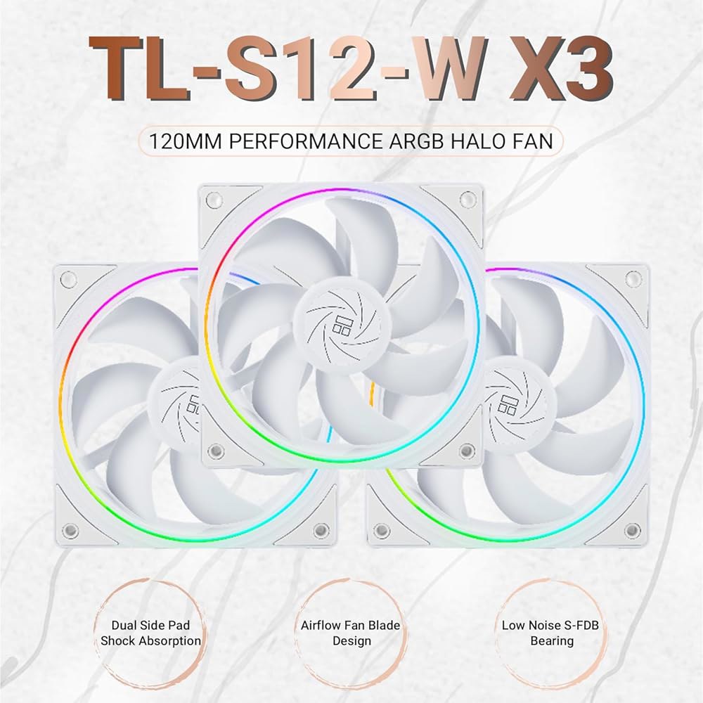 써멀라이트 TL-S12W X3 CPU 팬 120mm 케이스 쿨러 팬에는 ARGB 조명 효과, 1500RPM 속도의 PC PWM 무음 컴퓨터 팬, 냉각 화이트 3팩 가 포함되어 있습 - 상세 이미지 2