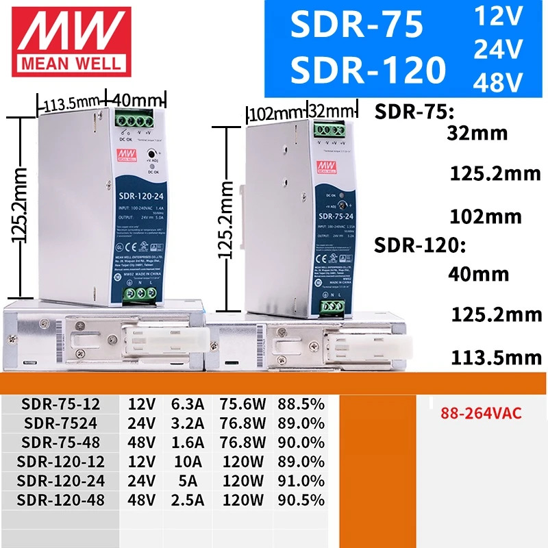 MEAN WELL -새 SDR-75-24 SDR-75-12 SDR-120-24 SDR-120-12 SDR-240-24 SDR-240-12 SDR-480-24 12V 24V 48V