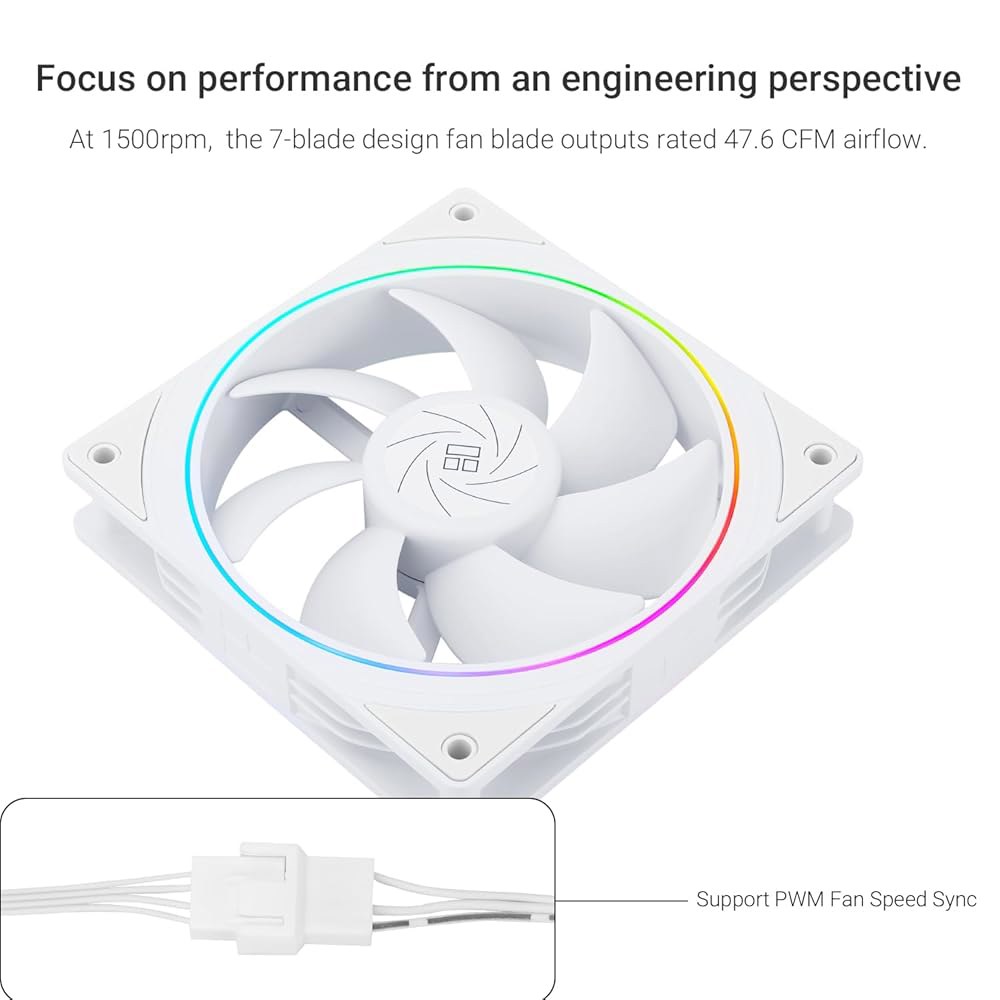 써멀라이트 TL-S12W X3 CPU 팬 120mm 케이스 쿨러 팬에는 ARGB 조명 효과, 1500RPM 속도의 PC PWM 무음 컴퓨터 팬, 냉각 화이트 3팩 가 포함되어 있습 - 상세 이미지 3