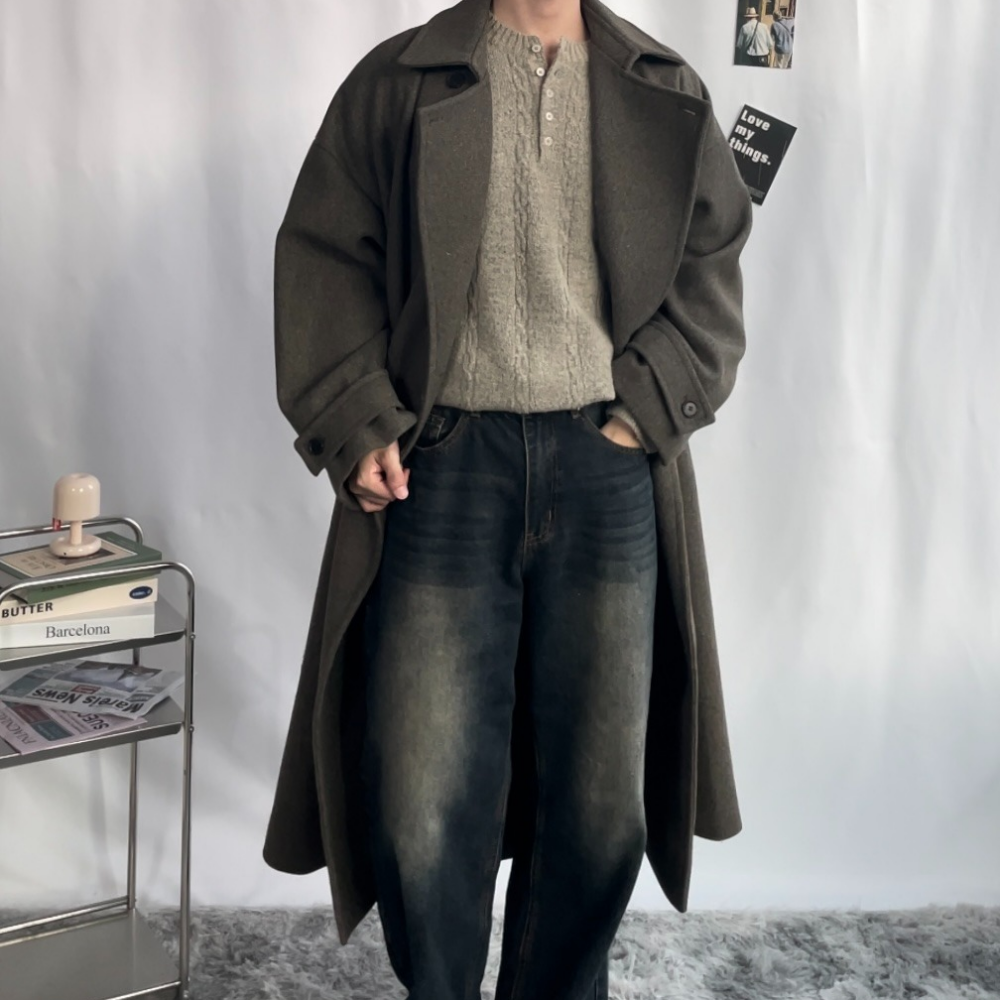 남자 롱 코트 울 더블 코트 핸드메이드 모직 겨울 오버핏 결혼식 하객룩 이미지 6