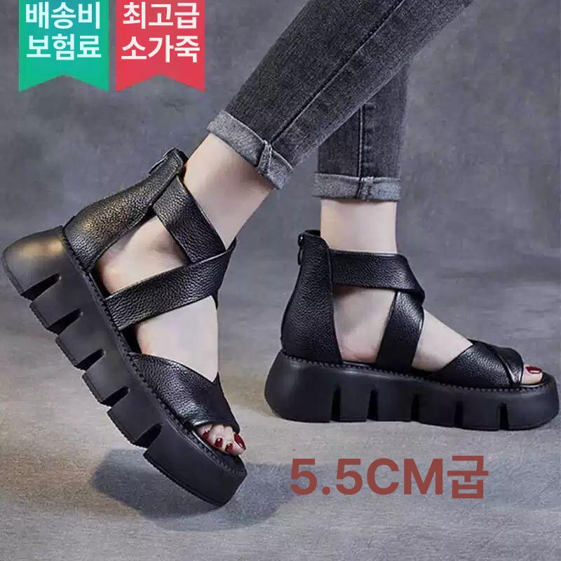 빈티지 통굽 가죽샌들 로마네스크 펀칭 푹신한 키높이 여름용 샌들 - 상품 이미지