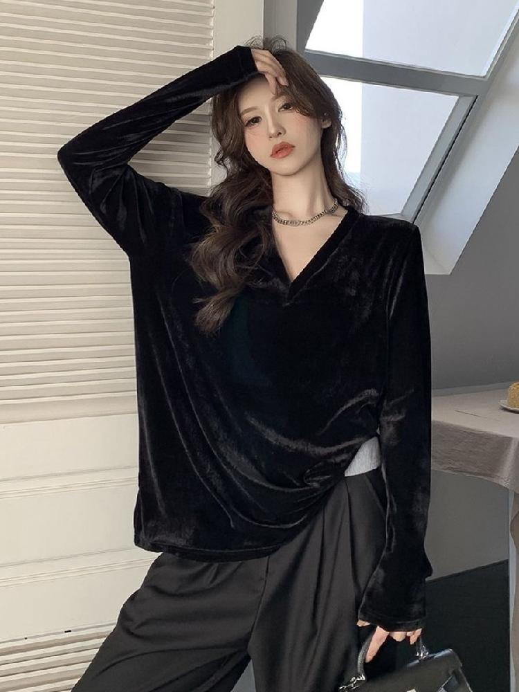 벨벳 브이넥 중간 루즈핏 길이 가디건 느슨한 니트 겨울 블랙 M - 상세 이미지 4
