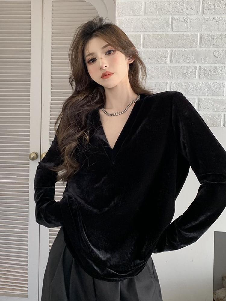 벨벳 브이넥 중간 루즈핏 길이 가디건 느슨한 니트 겨울 블랙 M - 상세 이미지 3