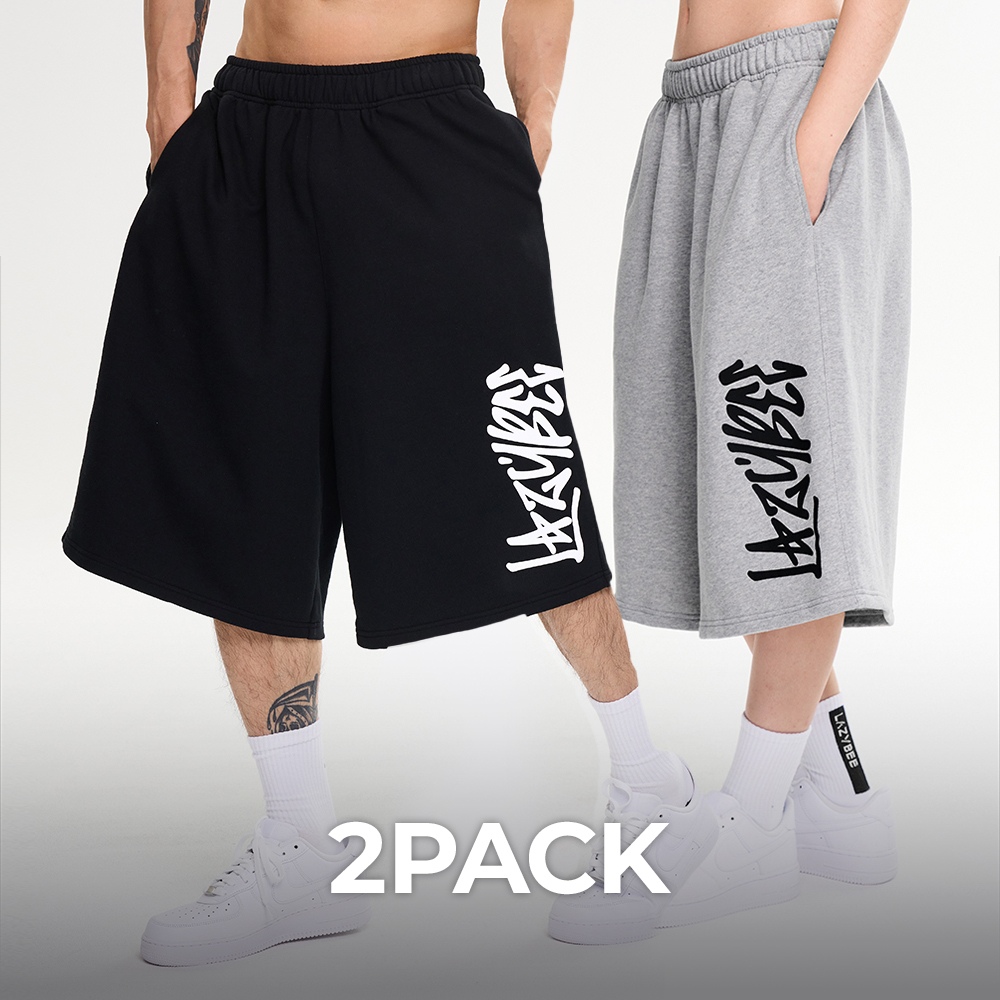 [2PACK] 남자 여성 자이언트핏 와이드 버뮤다 팬츠빅로고 헬스 짐웨어 반바지 - 상품 이미지