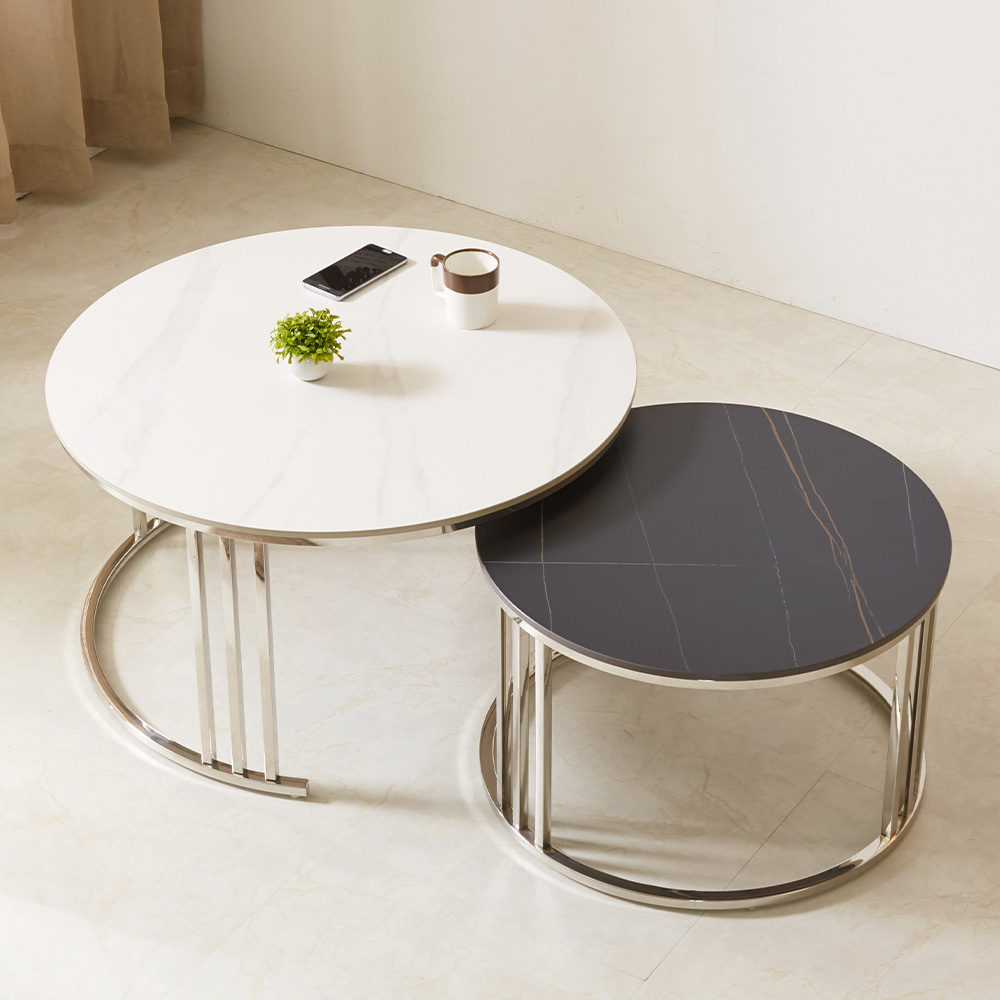 스코나 에르딘 스텐 실버 원형 듀얼 세라믹 거실 소파 테이블 S