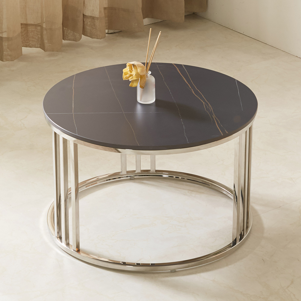 스코나 에르딘 스텐 실버 원형 듀얼 세라믹 거실 소파 테이블 S