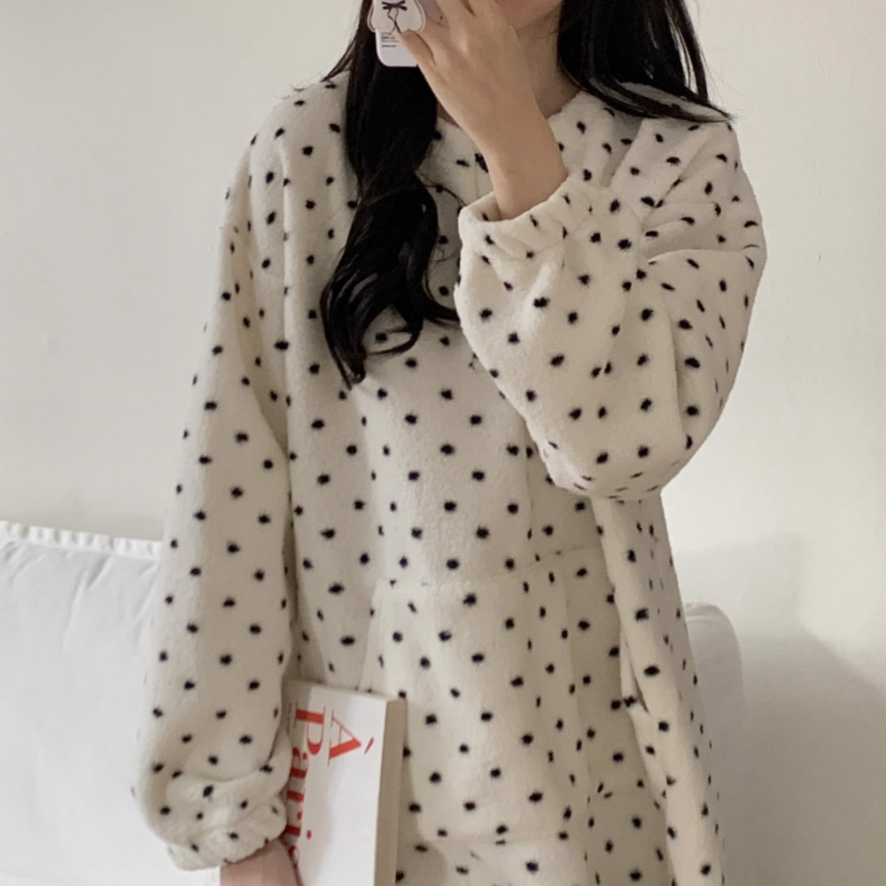 수면원피스 겨울원피스잠옷 털잠옷 플리스 땡땡이 부드러운 빅사이즈 크리스마스 홈웨어 - 상세 이미지 2