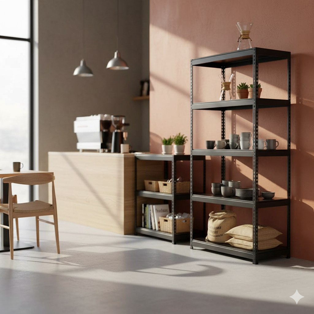 폴던스랙 올스틸 인더스트리얼 철제 진열장 1200x400x2100mm, 4단, 블랙 이미지 7