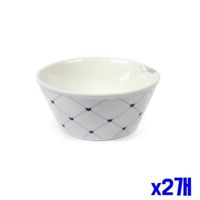 도자기 대접 세트 4p 체크하트 x2개 국그릇 식기 그릇 - 메인 이미지