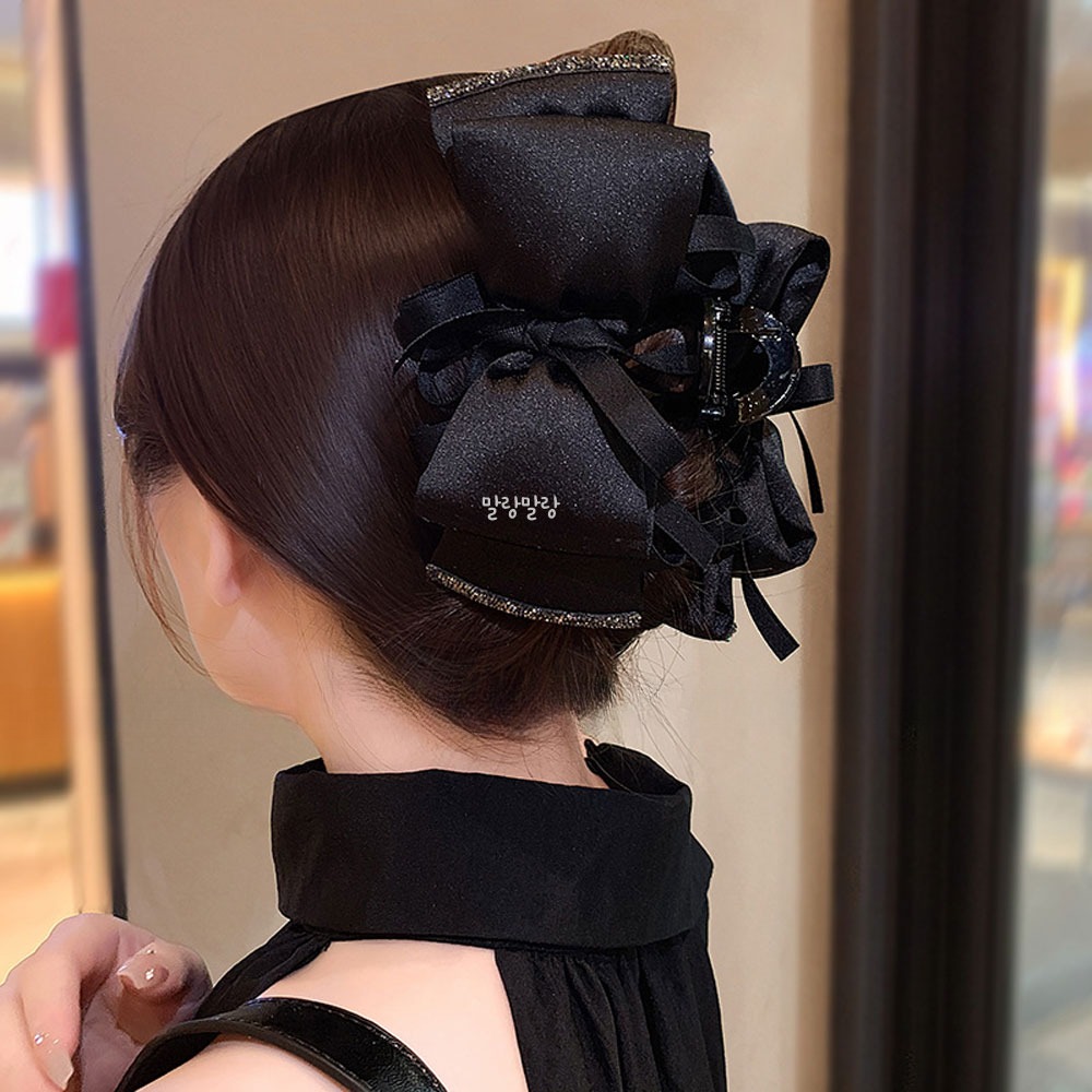 왕리본머리핀 블랙 큐빅 올림머리집게핀 명품헤어핀 - 상품 이미지