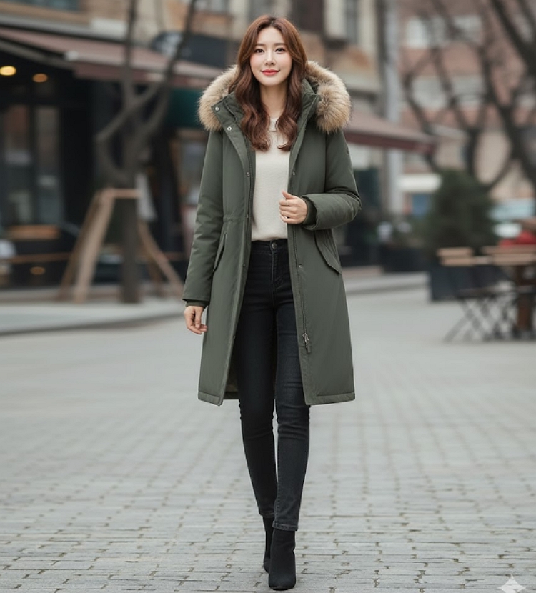 네파 겨울 여성 풍성한 후드 퍼 플라켓 야상형 롱다운 롱패딩 점퍼 - 상세 이미지 2