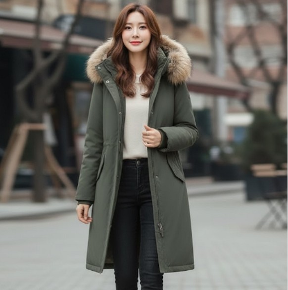 네파 겨울 여성 풍성한 후드 퍼 플라켓 야상형 롱다운 롱패딩 점퍼 - 상품 이미지
