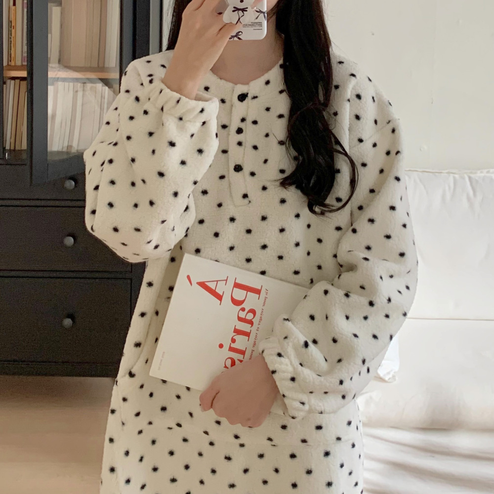 수면원피스 겨울원피스잠옷 털잠옷 플리스 땡땡이 부드러운 빅사이즈 크리스마스 홈웨어 - 상세 이미지 5
