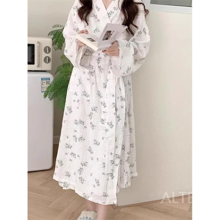 유카타 잠옷 기모노 가운 순면 파자마 꽃무늬 여성 루즈핏 - 상품 이미지