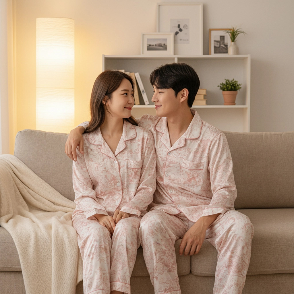 수면잠옷 피치기모 봄가을잠옷 상하세트 커플 파자마 홈웨어 뜨왈드주이 울트라스판 - 상품 이미지