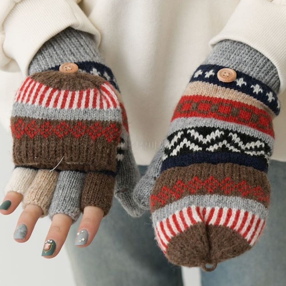 겨울 에스닉 패턴 울 니트 장갑 상세 이미지