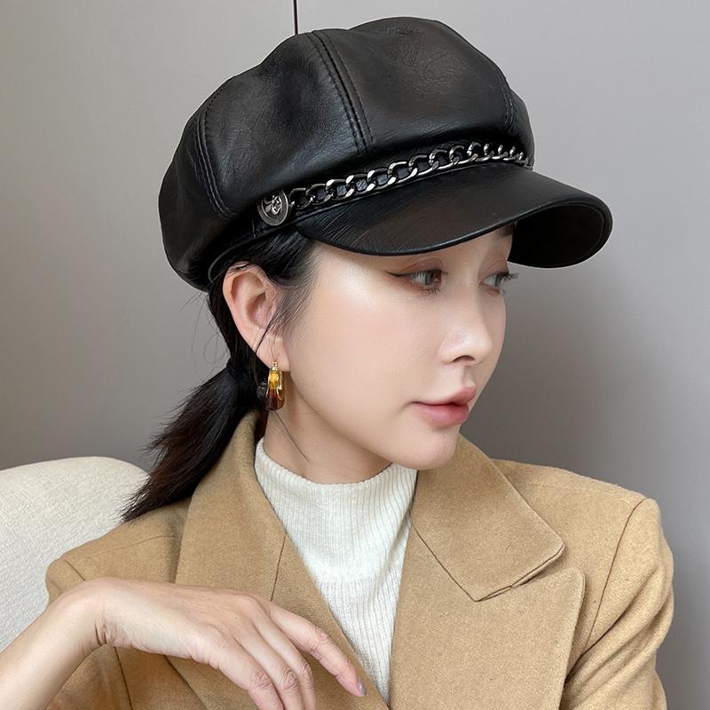 배래모 베레모 모자 빵모자 화가 겨울 연예인 여성 가죽 - 메인 이미지