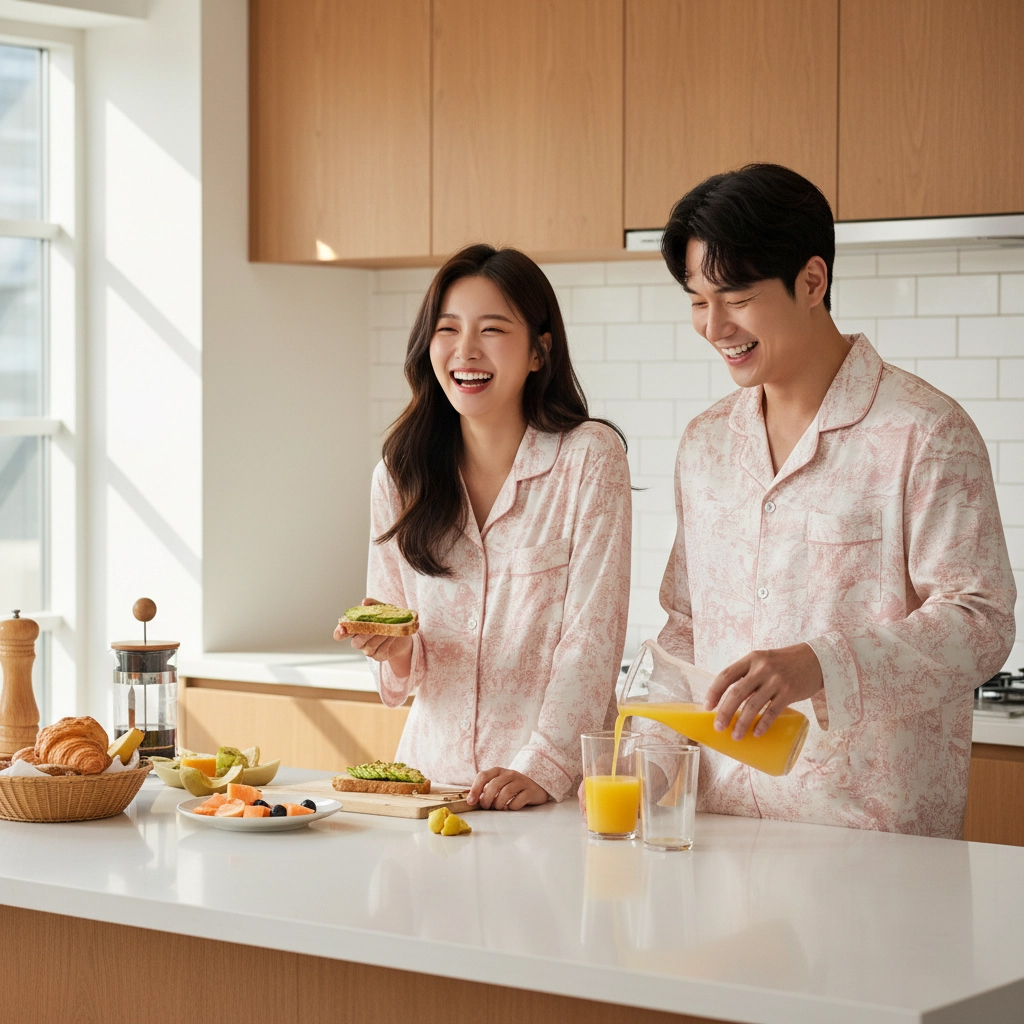 수면잠옷 피치기모 봄가을잠옷 상하세트 커플 파자마 홈웨어 뜨왈드주이 울트라스판 - 상세 이미지 3