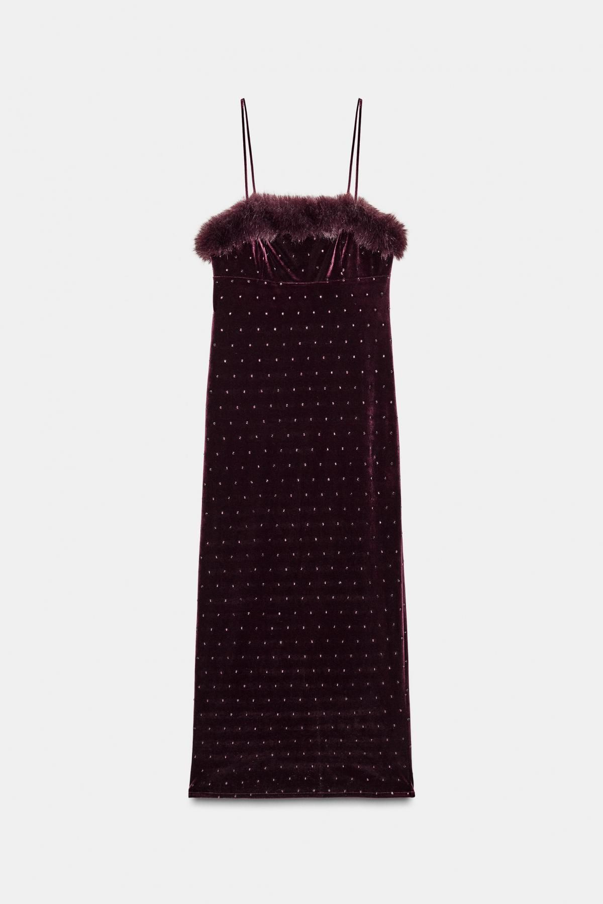 자라 럭셔리 벨벳 퍼 비즈 미디 원피스 7969/257 BURGUNDY - 상품 이미지