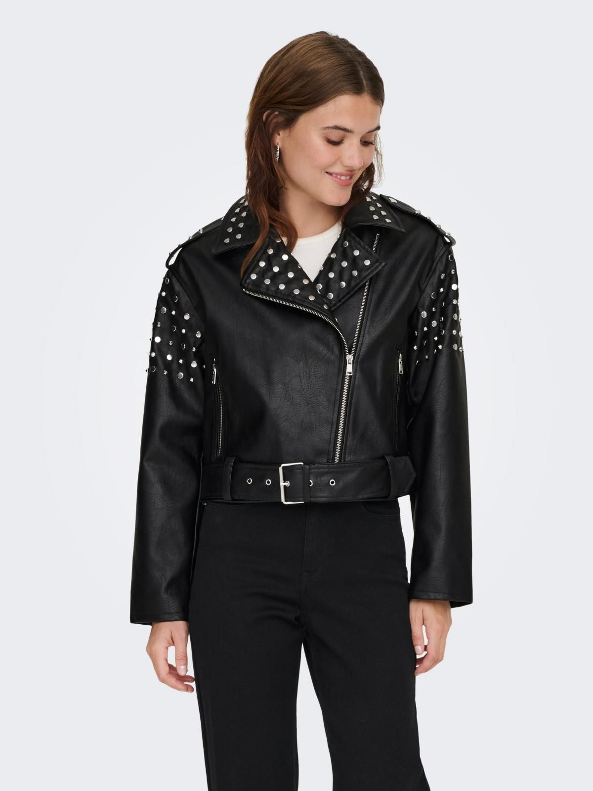온리 스터드 레더 바이커 크롭 재킷 15319914_2161 BLACK / BLACK - 상품 이미지