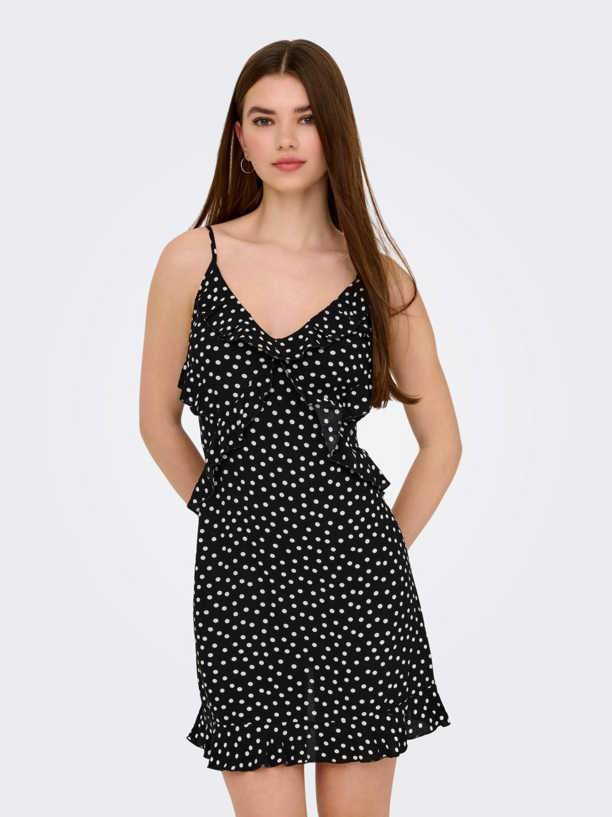 온리 도트 패턴 브이넥 스트랩 미니 원피스 15365849_2161_1242310 BLACK / BLACK - 상품 이미지