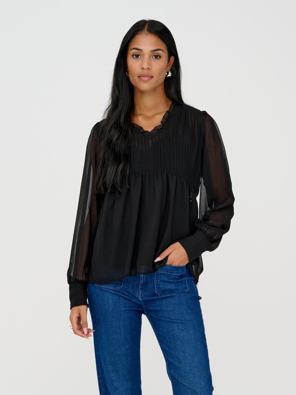 온리 시스루 브이넥 비숍슬리브 블라우스 15372407_2161 BLACK / BLACK - 상품 이미지