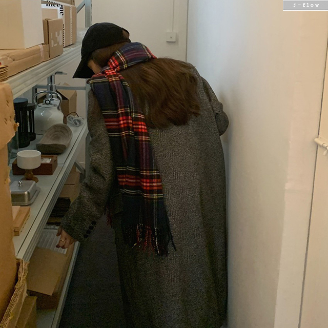 포더 헤링본 오버핏 카라넥 맥시 울 롱 코트 2col 겨울 봄 박시 패드 더블 제이플로우 - 상세 이미지 5