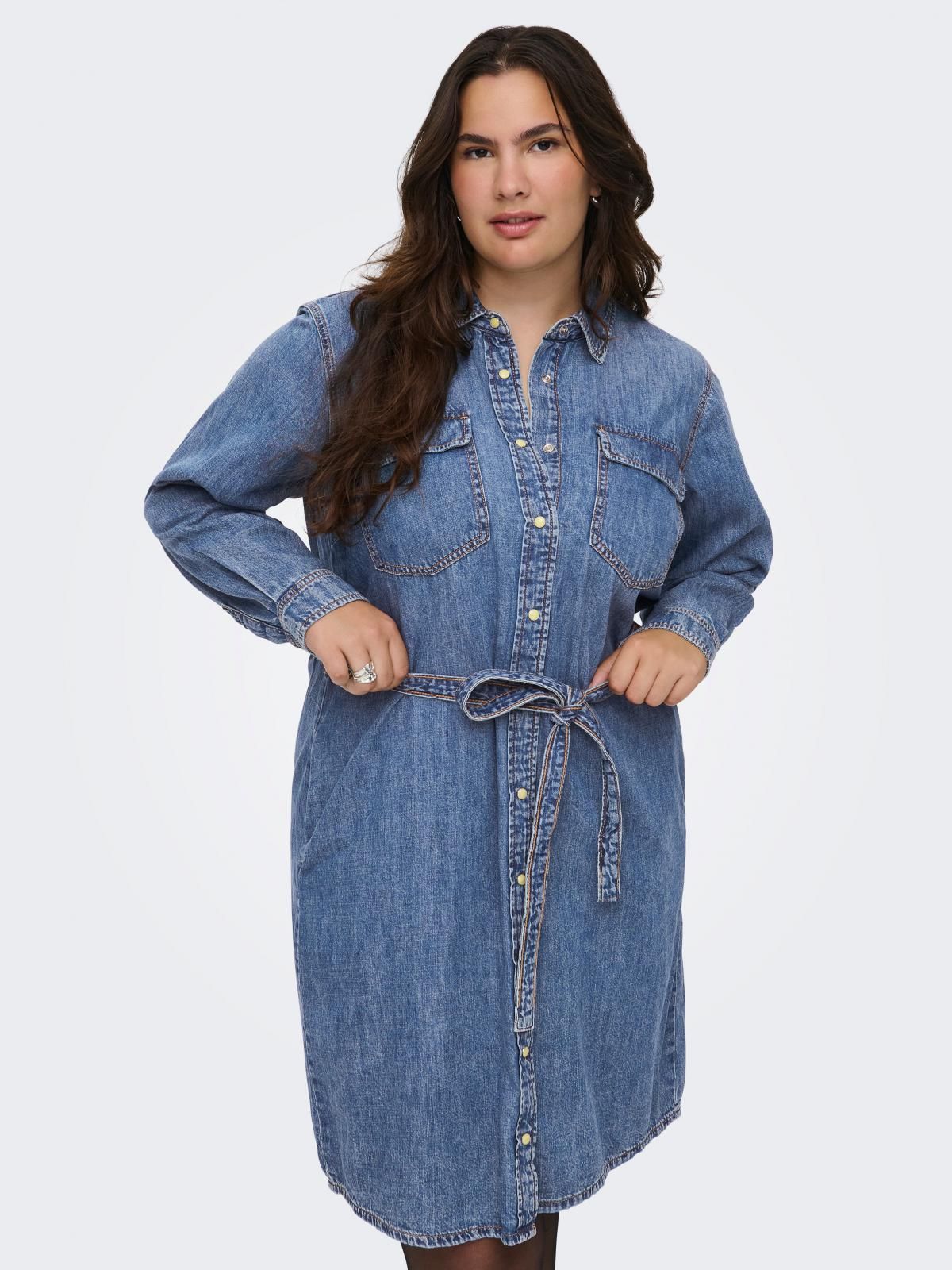 온리 트렌디 데님 브이넥 벨트 미니 원피스 15328541_2115 BLUE / MEDIUM BLUE DENIM - 상품 이미지