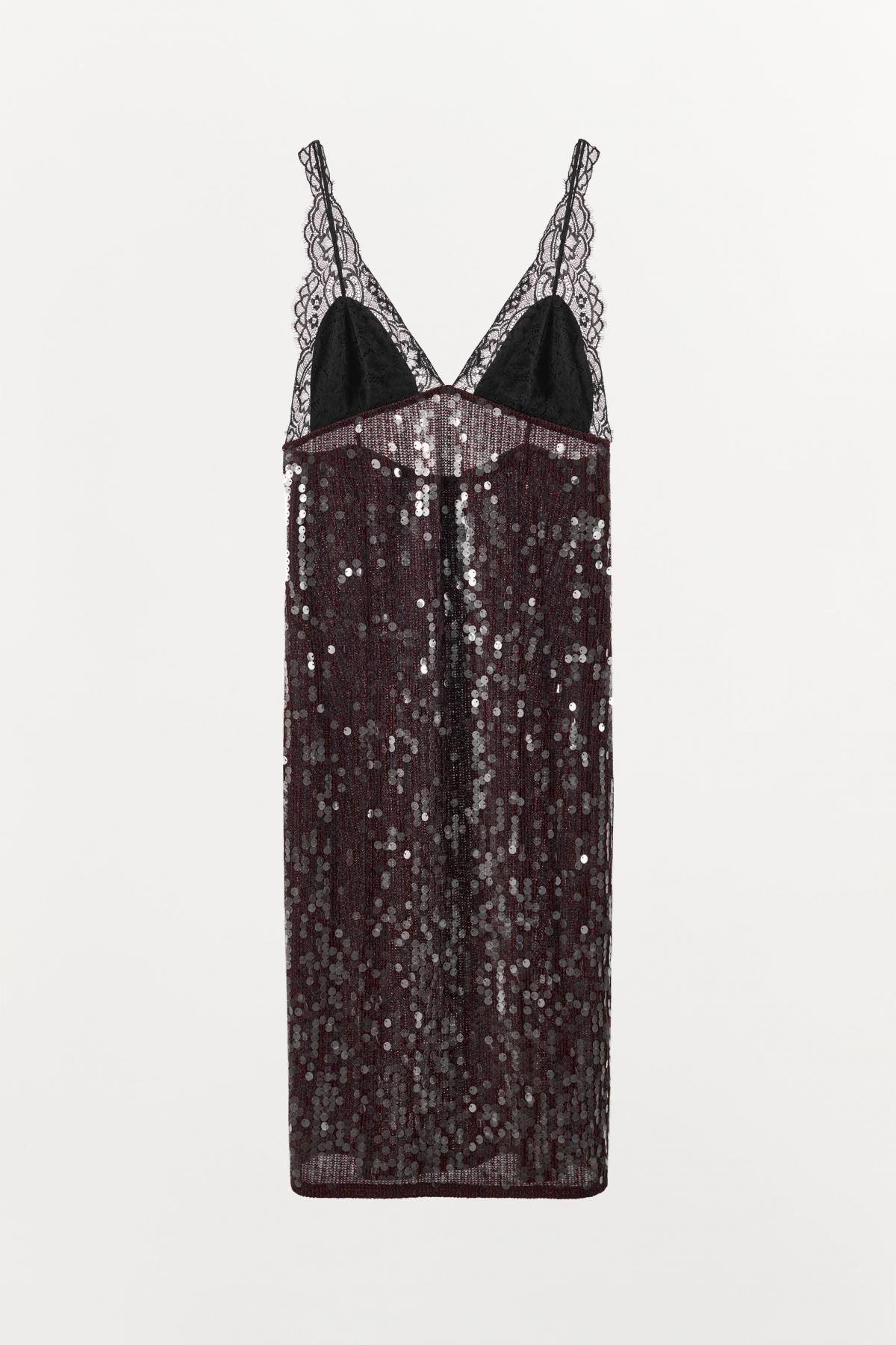 자라 글램 시퀸 레이스 미디 원피스 브이넥 1758/648 RED / BLACK - 상품 이미지