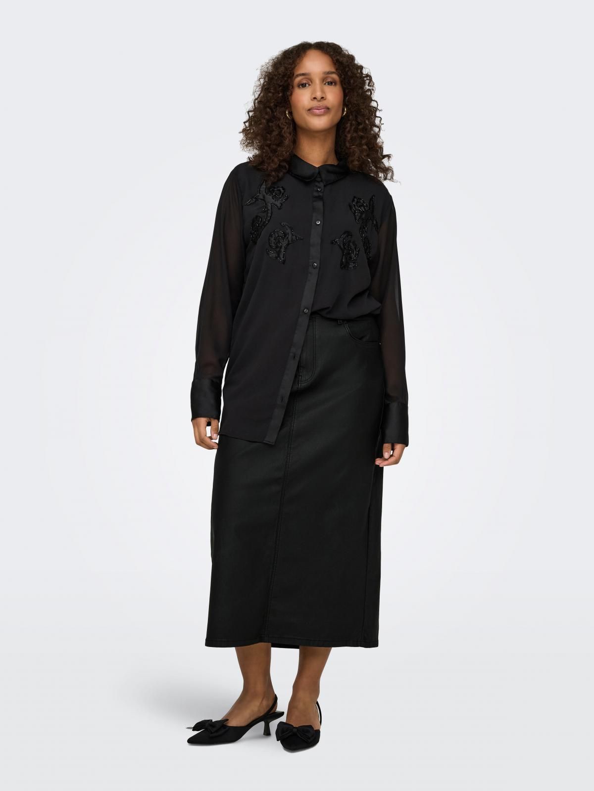 온리 테크니컬 레더 미디 스커트 15335157_2161 BLACK / BLACK - 상세 이미지 5