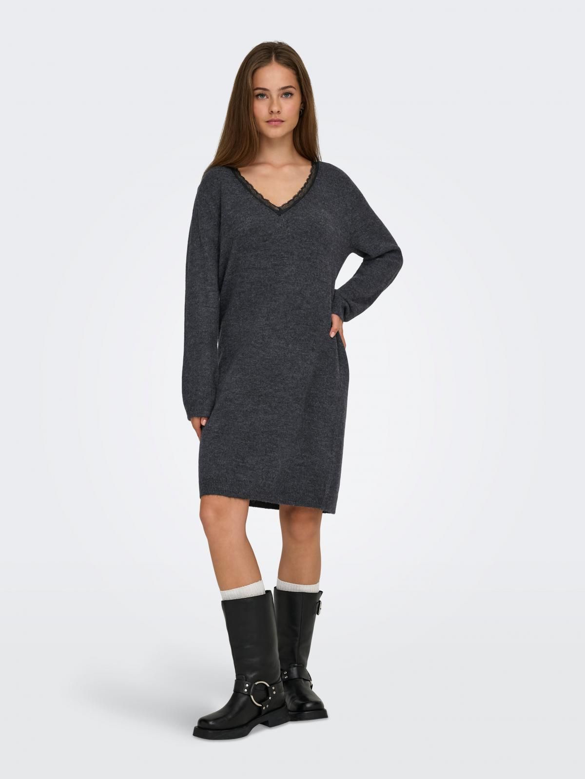 온리 테크니컬 니트 브이넥 미디 원피스 15358612_2383_1224806 GREY / DARK GREY MELANGE - 상세 이미지 5