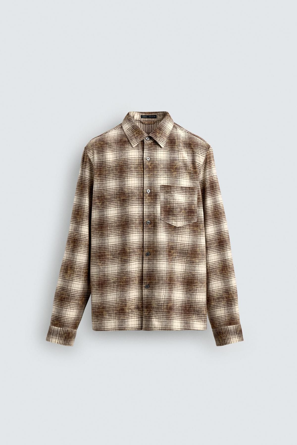 자라 캐주얼 체크 릴렉스핏 코튼 긴팔 셔츠 7380/410 BROWN - 상품 이미지