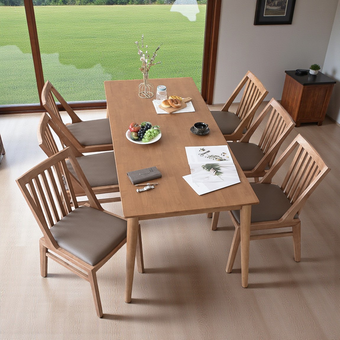 이즈네이처 라벤더프리지 원목 6인용식탁 세트 식탁+의자3+등받이 3인벤치1, 1800mm, 라이트브라운