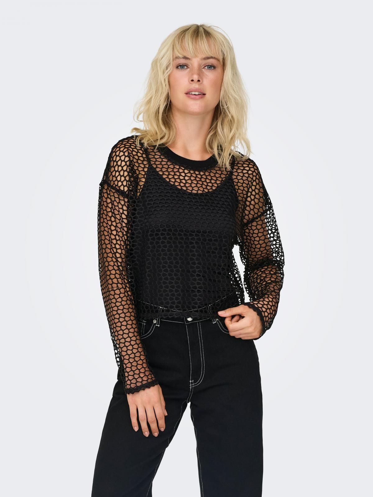 온리 글리터 크롭 시스루 롱슬리브 탑 15333607_2161_1161355 BLACK / BLACK - 상품 이미지