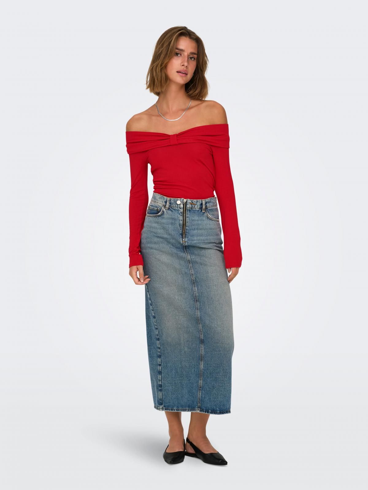 온리 오프숄더 소프트 비스코스 긴팔 탑 15339435_767 RED / MARS RED - 상세 이미지 5