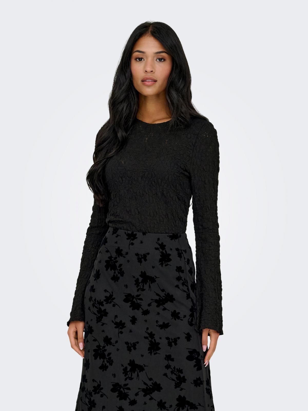 온리 레이스 디테일 라운드넥 긴팔 탑 15364743_2161 BLACK / BLACK - 상품 이미지