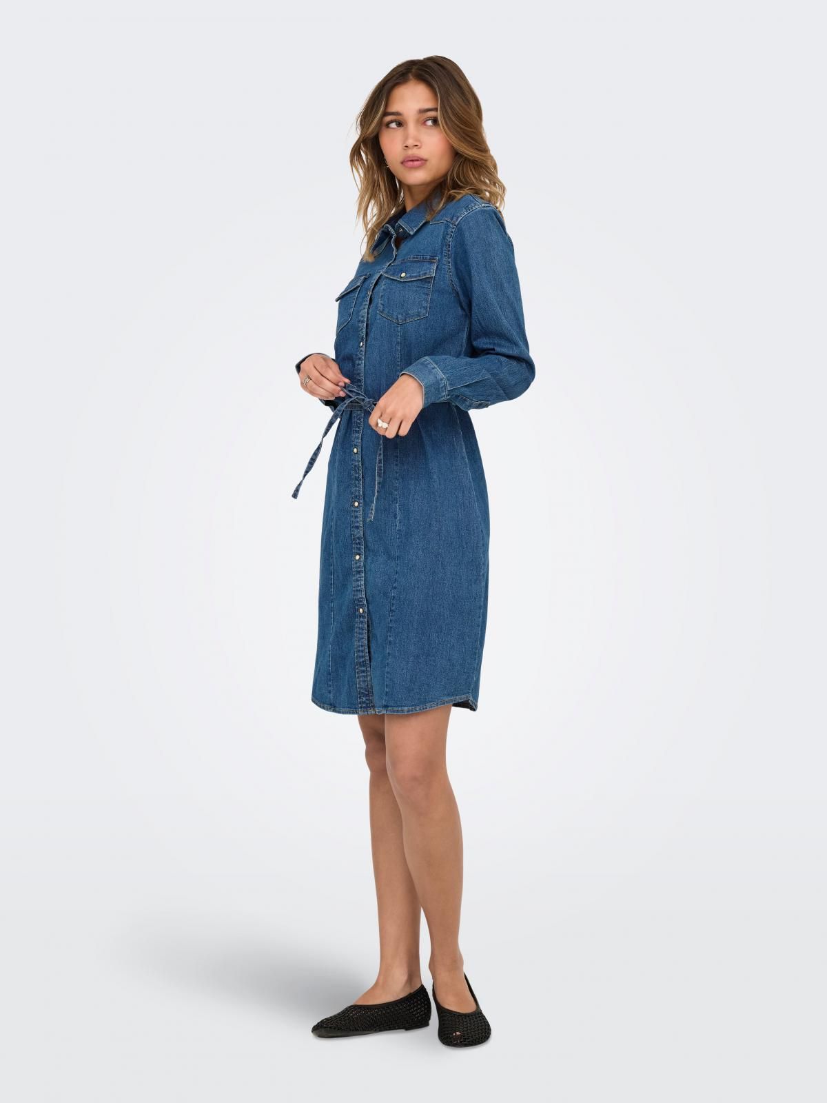 온리 데님 셔츠카라 슬림핏 벨트 미니 원피스 15352414_2114 BLUE / DARK BLUE DENIM - 상세 이미지 5