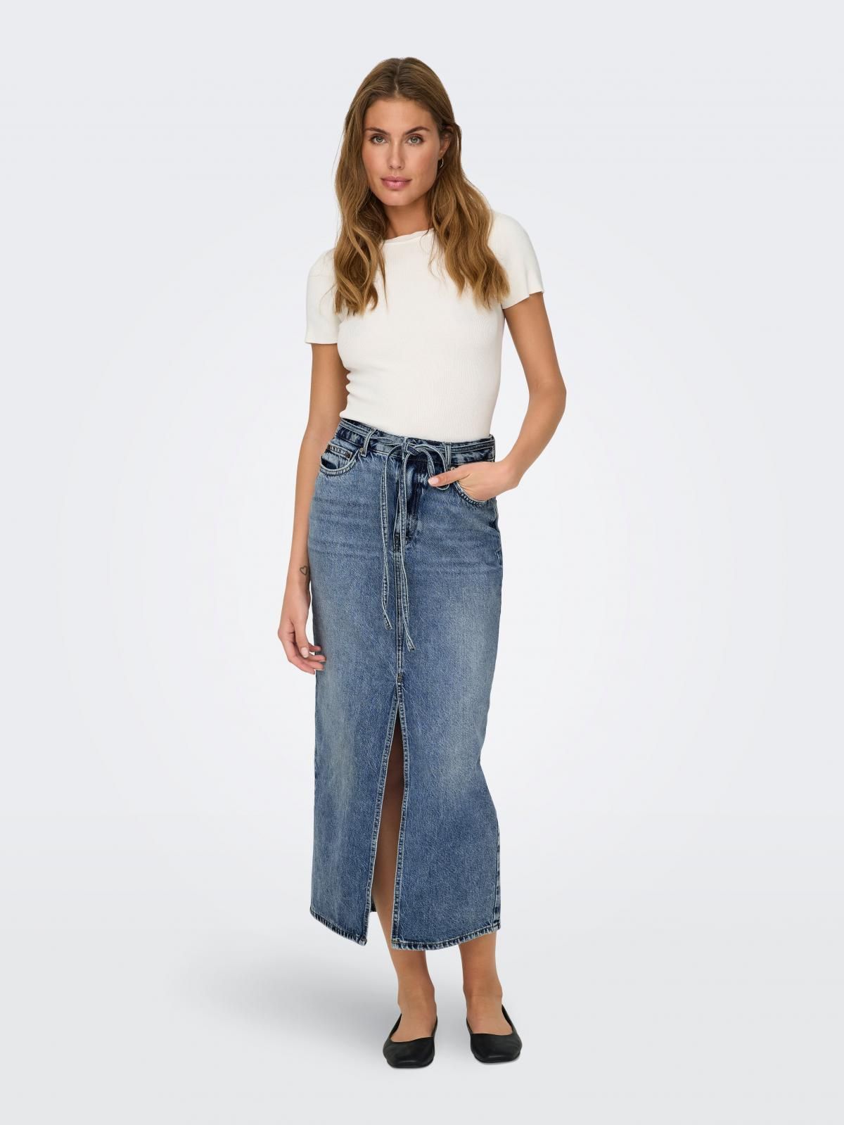 온리 타이벨트 데님 미디 스커트 슬릿 15340707_2115 BLUE / MEDIUM BLUE DENIM - 상세 이미지 5