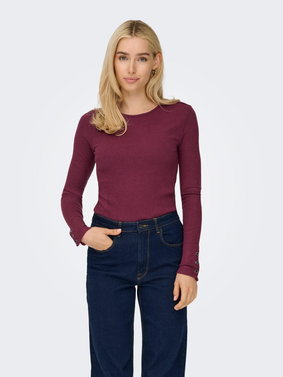 온리 슬림핏 라운드넥 롱슬리브 탑 15358953_1013_1224041 PURPLE / BURGUNDY - 상세 이미지 2